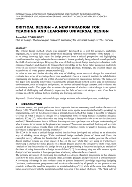 Critical Design – a New Paradigm for Teaching and Learning Universal Design