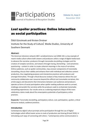 Lost Spoiler Practices: Online Interaction As Social Participation