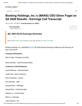 Booking Holdings, Inc.'S (BKNG) CEO Glenn Fogel on Q4 2020 Results - Earnings Call Transcript | Seeking Alpha