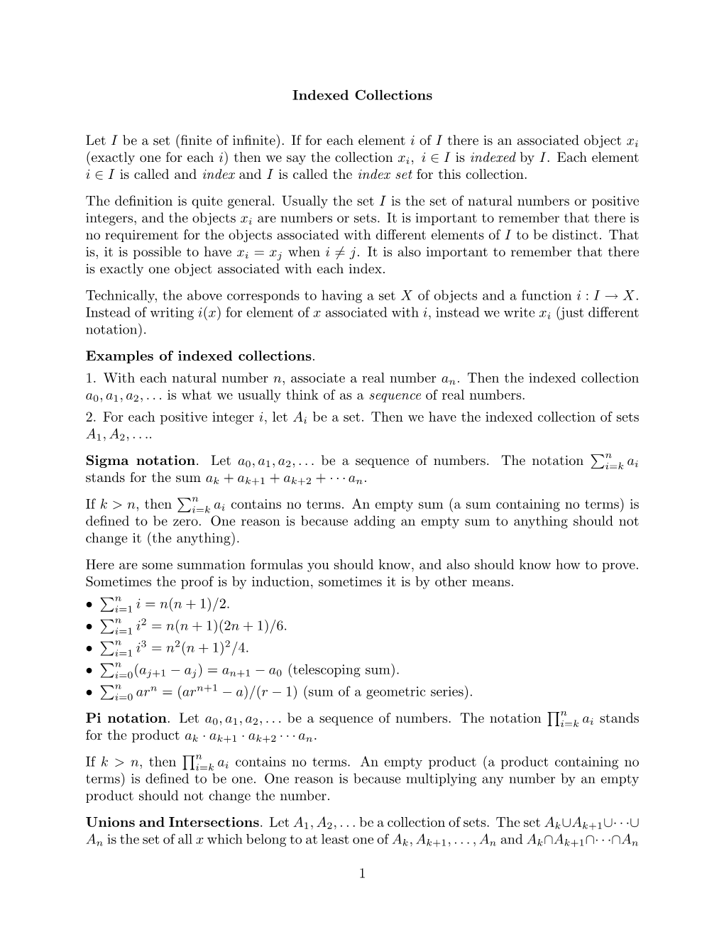 Indexed Collections Let I Be a Set (Finite of Infinite). If for Each Element