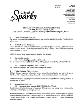 MINUTES 2:00 P.M., Monday, January 25, 2016 City Council Chambers, Legislative Building, 745 Fourth Street, Sparks, Nevada