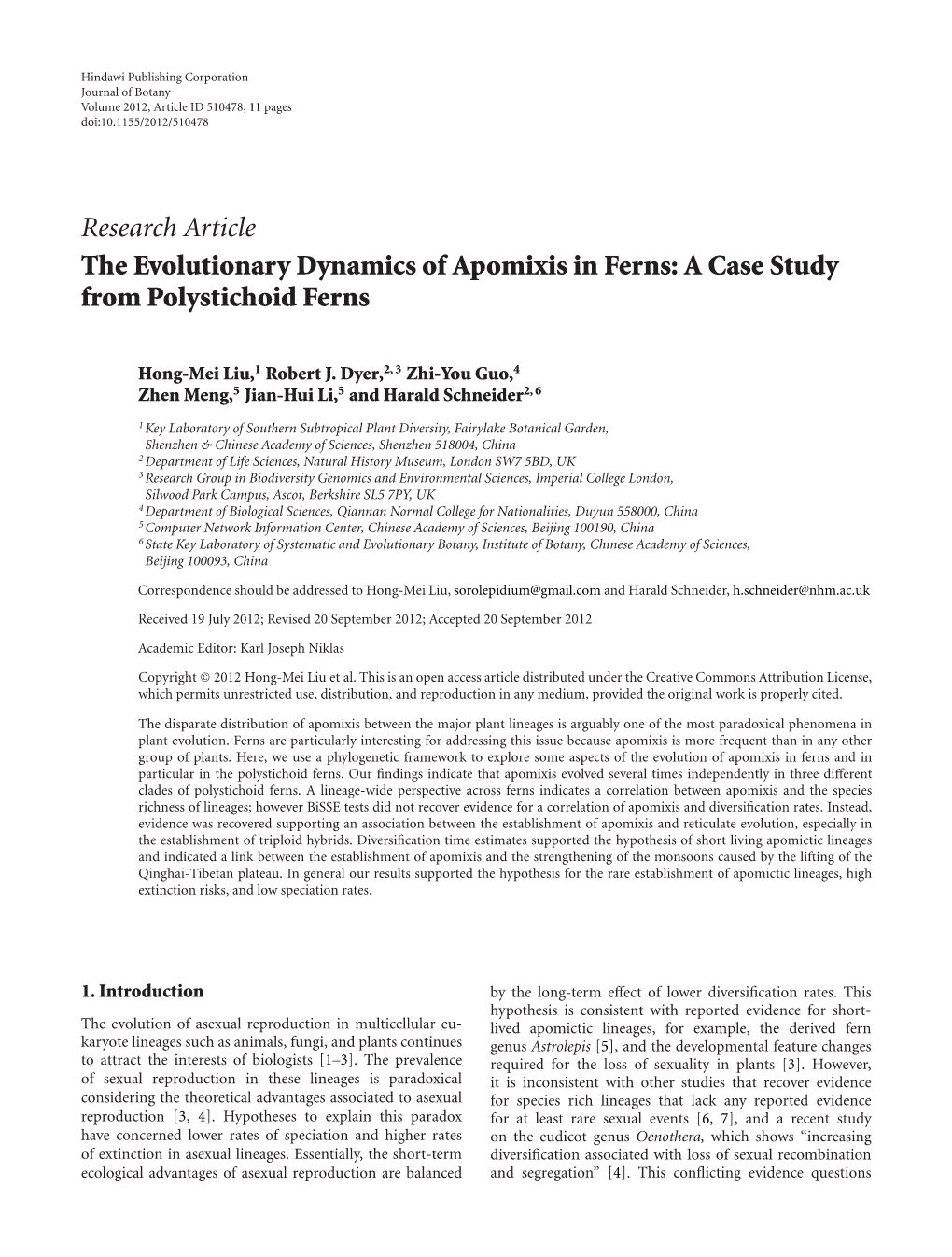 Research Article the Evolutionary Dynamics of Apomixis in Ferns: a Case Study from Polystichoid Ferns