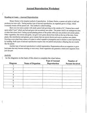Asexual Reproduction Worksheet ( Reading to Learn - Asexual Reproduction