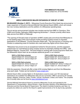 Abele Announces Major Expansion of Onejet at Mke