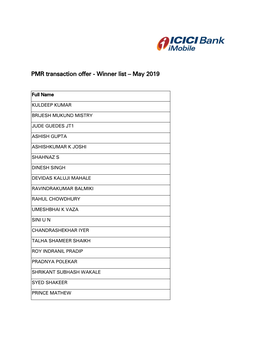 PMR Transaction Offer - Winner List – May 2019