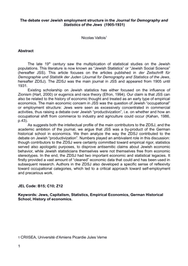 The Debate Over Jewish Employment Structure in the Journal for Demography and Statistics of the Jews (1905-1931)