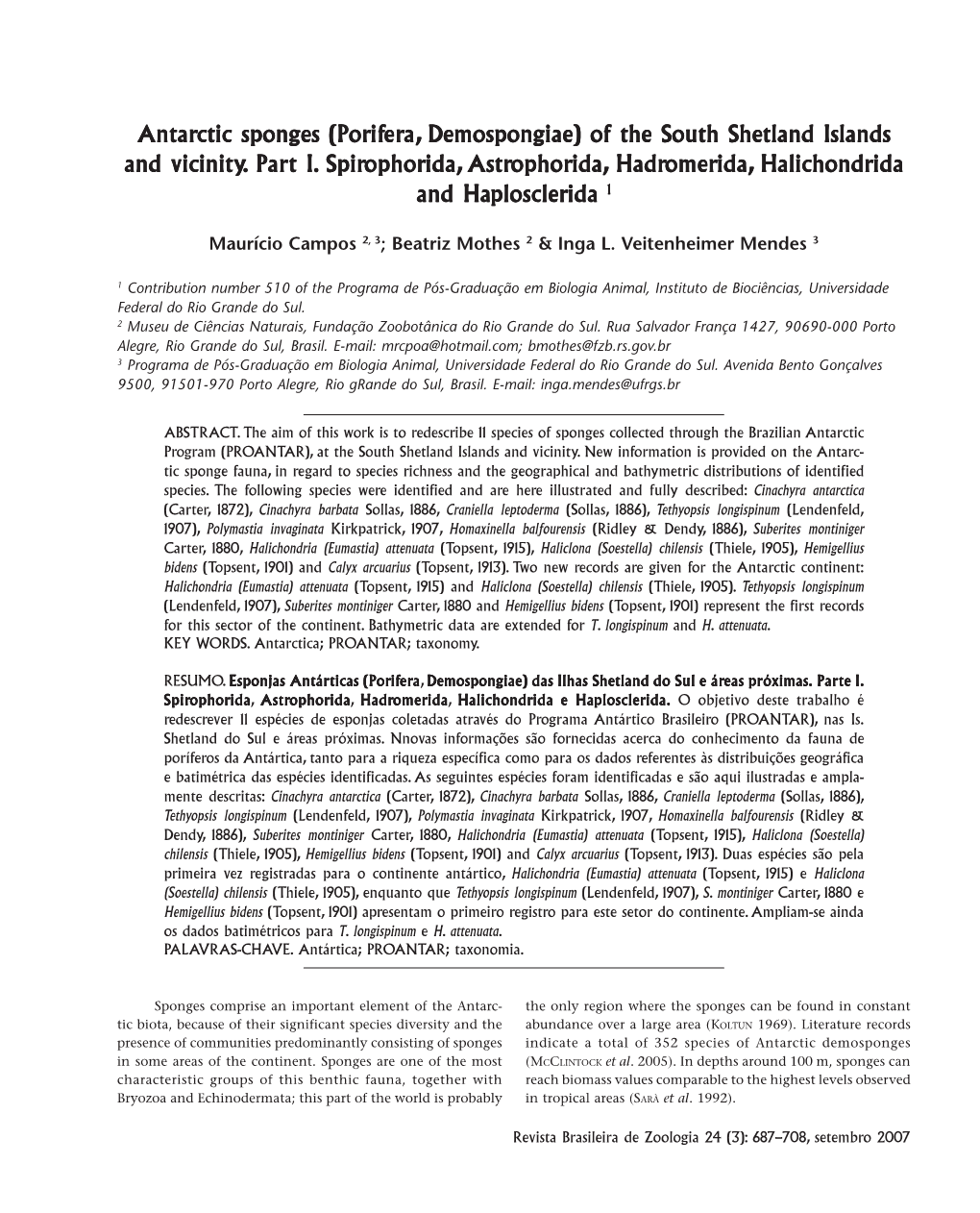 Antarctic Sponges (Porifera, Demospongiae) of the South Shetland Islands and Vicinity