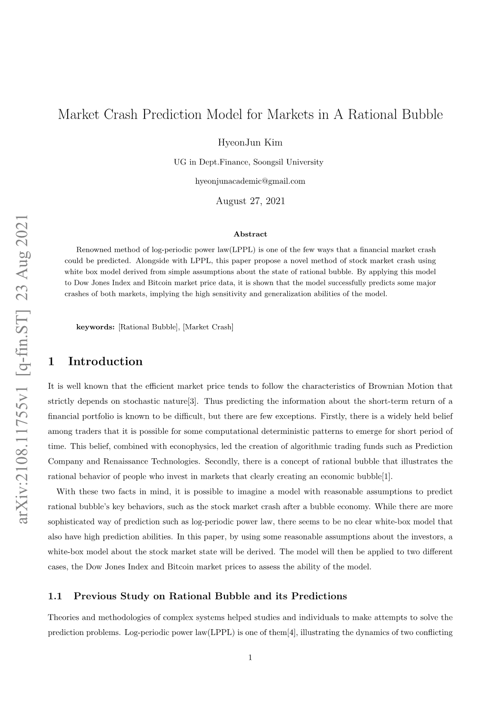 Market Crash Prediction Model for Markets in a Rational Bubble