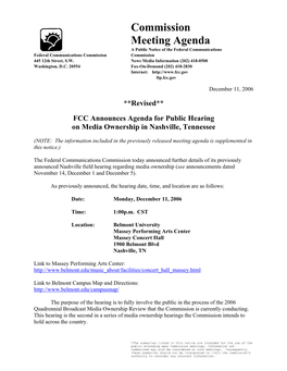 Commission Meeting Agenda a Public Notice of the Federal Communications