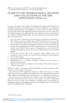 Guide to the International Archives and Collections at the Iish: Supplement Over 2007Ã
