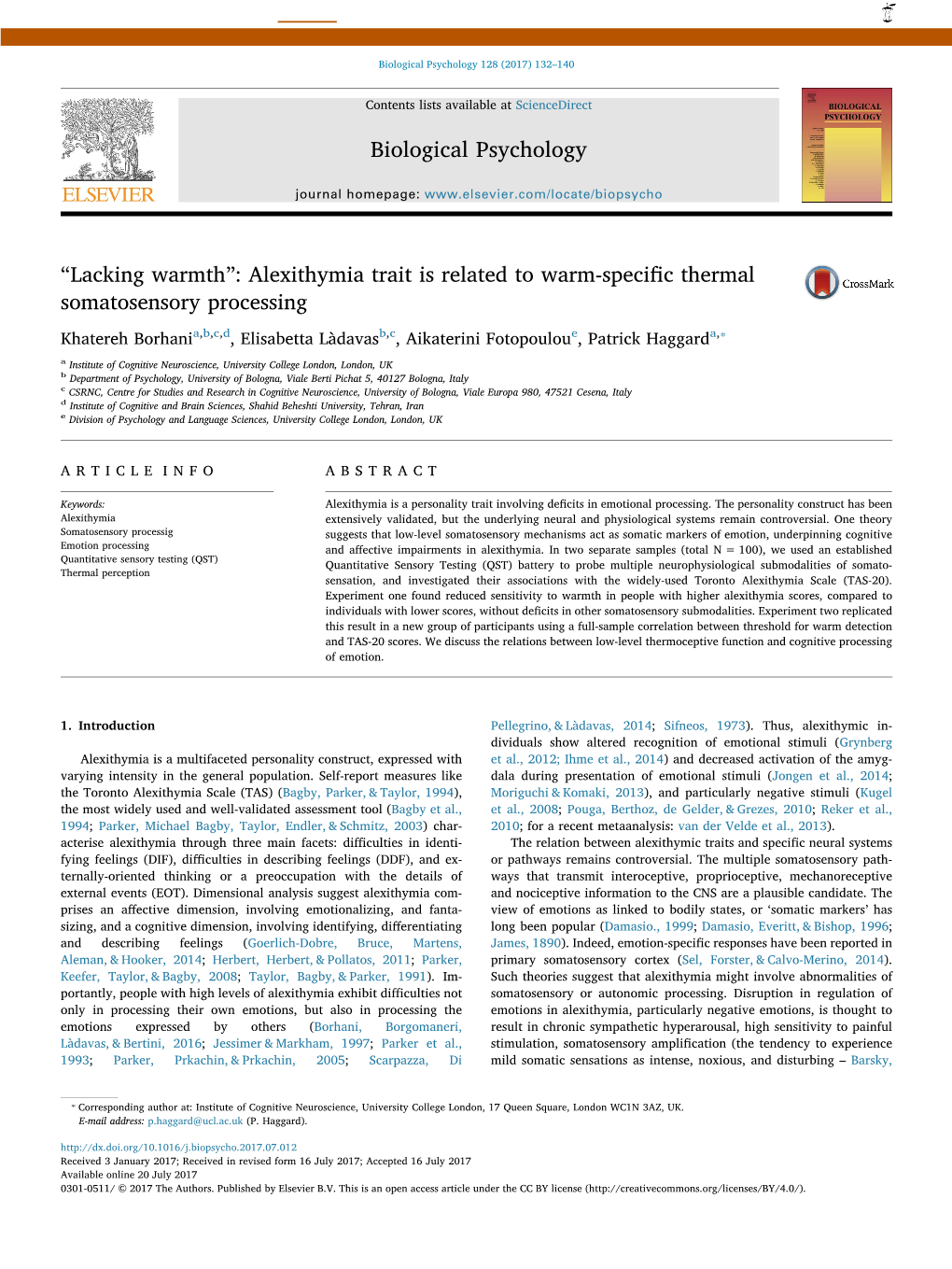 “Lacking Warmth” Alexithymia Trait Is Related to Warm-Specific Thermal Somatosensory Processing