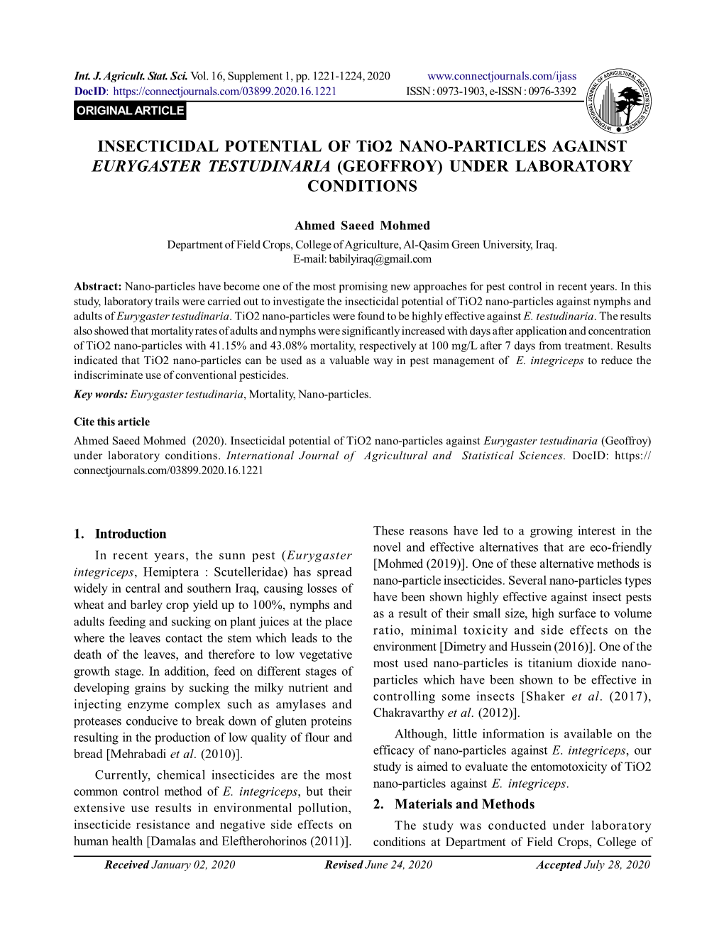 INSECTICIDAL POTENTIAL of Tio2 NANO-PARTICLES AGAINST EURYGASTER TESTUDINARIA (GEOFFROY) UNDER LABORATORY CONDITIONS