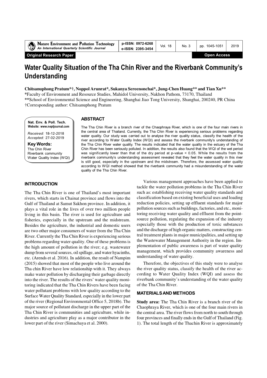 Water Quality Situation of the Tha Chin River and the Riverbank Community's Understanding