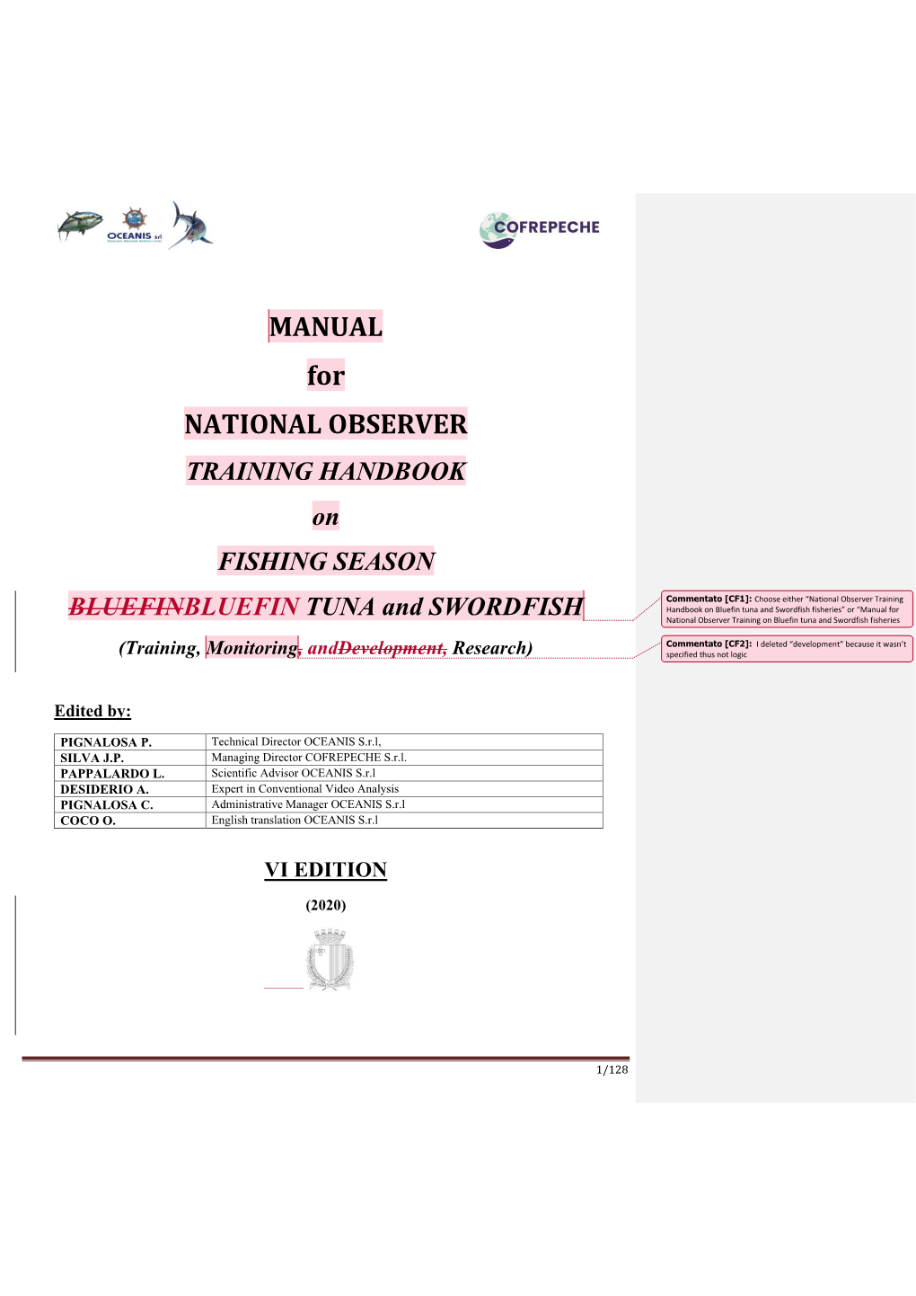 MANUAL for NATIONAL OBSERVER TRAINING HANDBOOK on FISHING SEASON