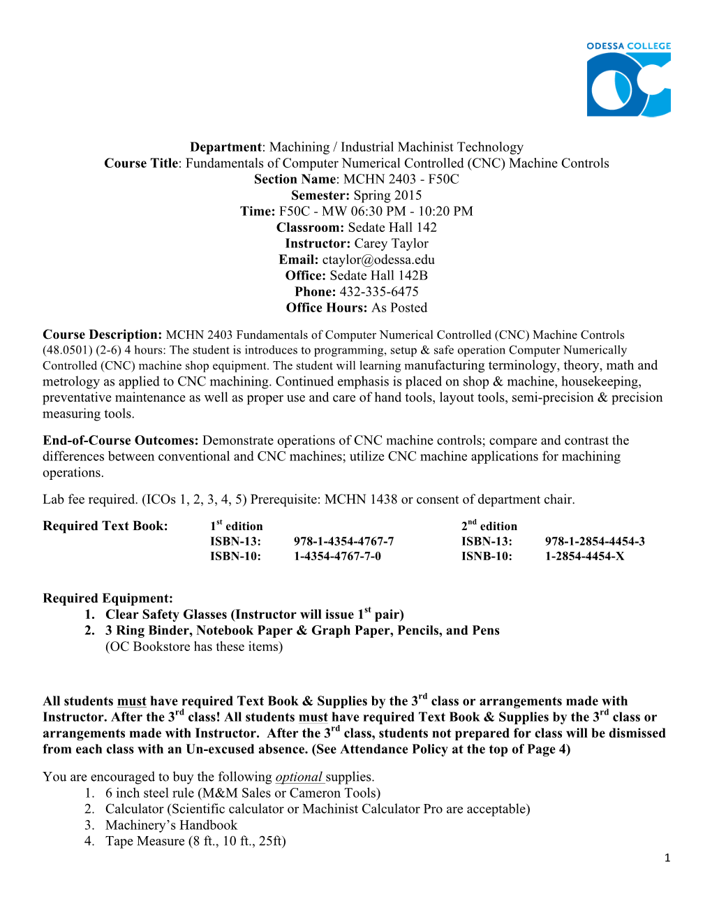 SYLLABUS MCHN 2403 Fund of CNC Machine Controls 15 SP