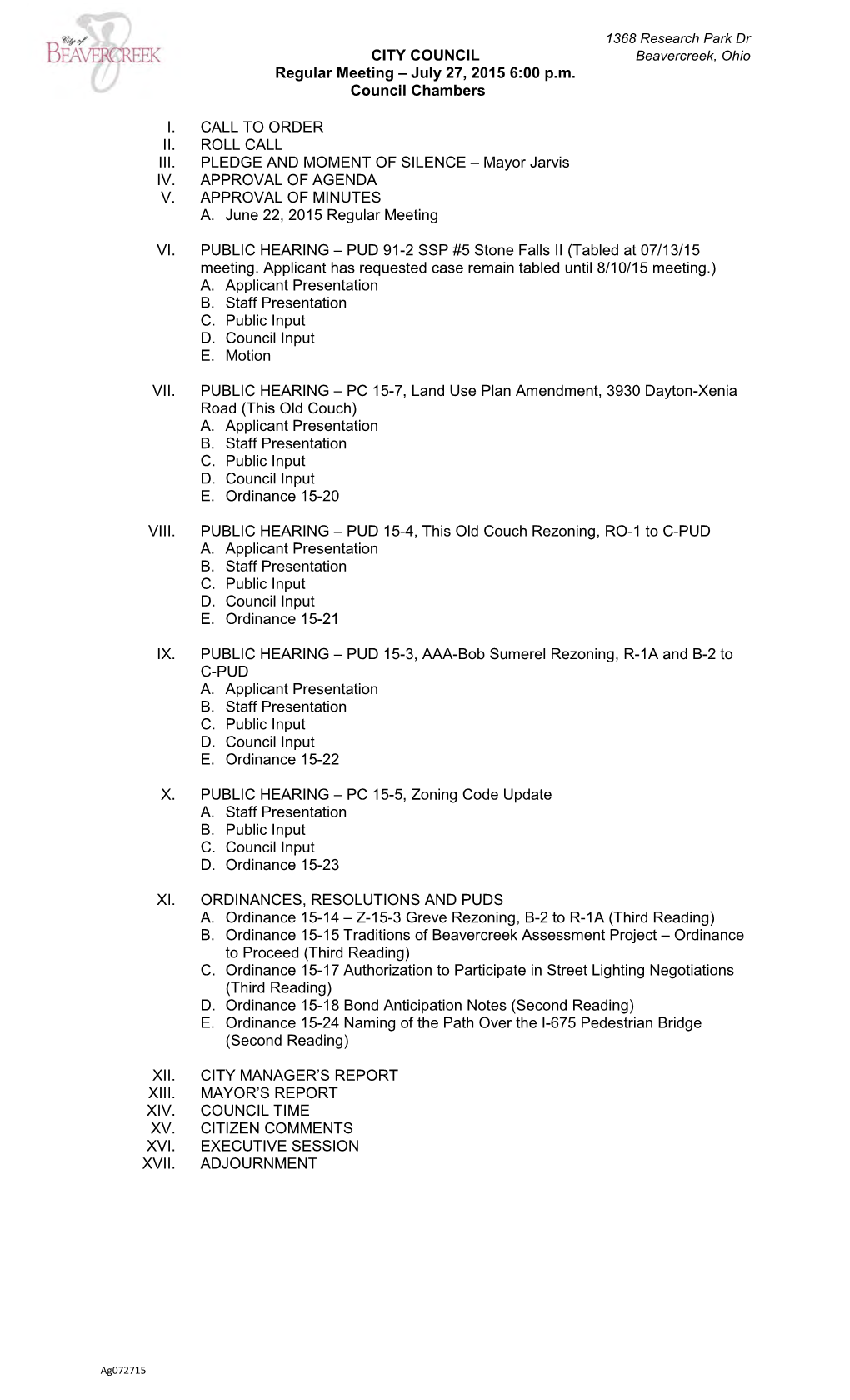 BEAVERCREEK CITY COUNCIL REGULAR MEETING June 22, 2015 6:00 P.M