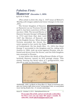 Fabulous Firsts: Hanover (December 1, 1850) by B