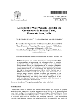 Assessment of Water Quality Index for the Groundwater in Tumkur Taluk, Karnataka State, India