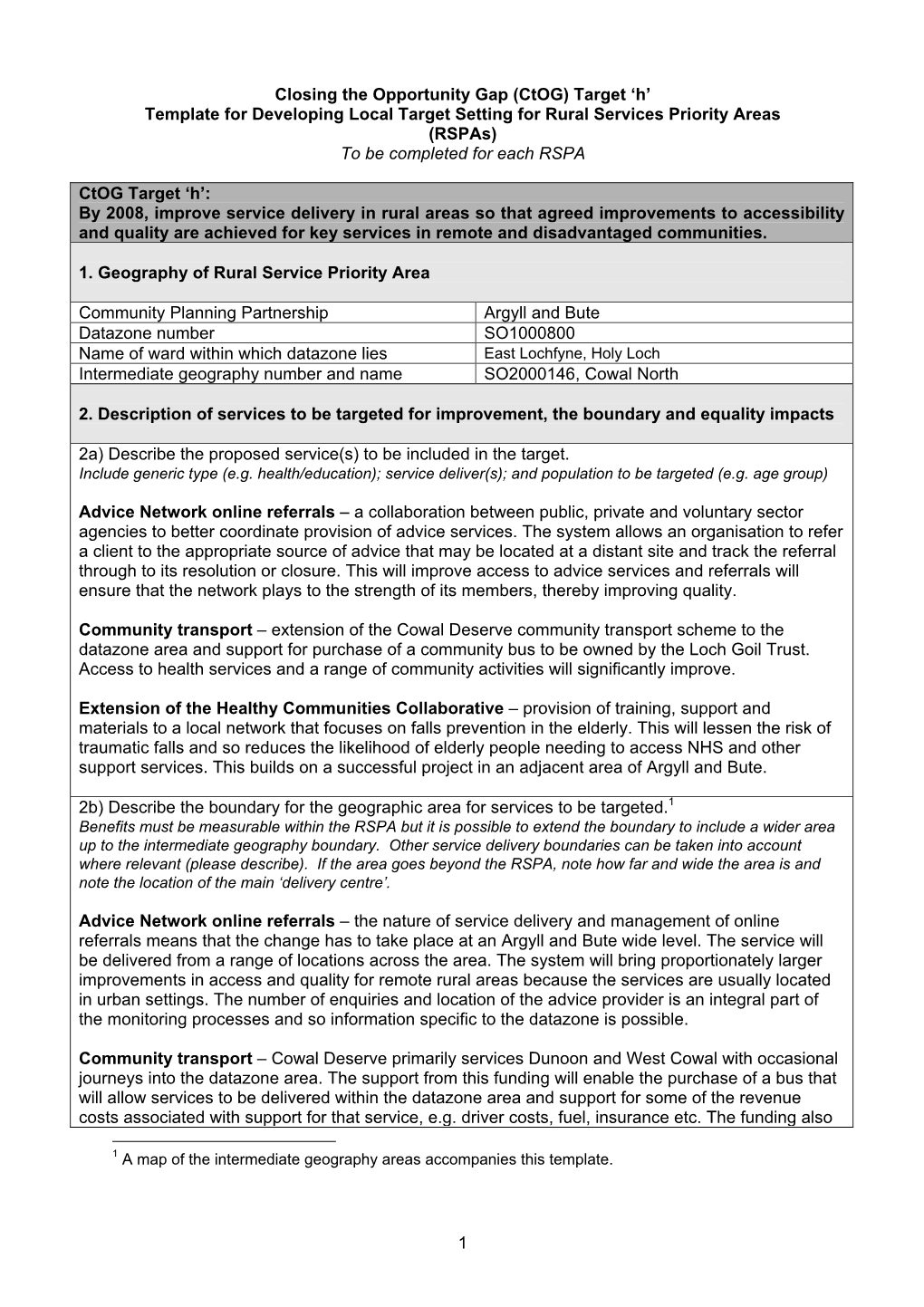 Ctog) Target ‘H’ Template for Developing Local Target Setting for Rural Services Priority Areas (Rspas) to Be Completed for Each RSPA