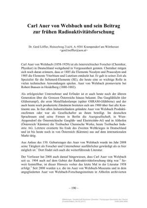 Carl Auer Von Welsbach Und Sein Beitrag Zur Frühen Radioaktivitätsforschung