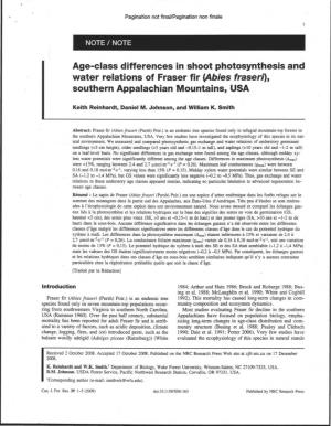 Age-Class Differences in Shoot Photosynthesis and Water Relations of Fraser Fir (Abies Fraseri), Southern Appalachian Mountains, USA