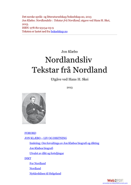 Nordlandsliv : Tekstar Frå Nordland, Utgave Ved Hans H. Skei, 2013