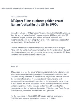BT Sport Films Explores Golden Era of Italian Football in the UK in 1990S