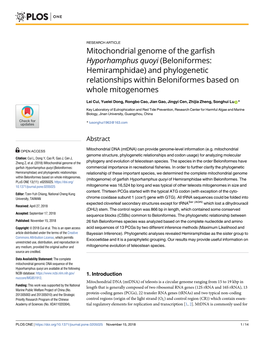 Mitochondrial Genome of the Garfish Hyporhamphus Quoyi (Beloniformes: Hemiramphidae) and Phylogenetic Relationships Within Beloniformes Based on Whole Mitogenomes