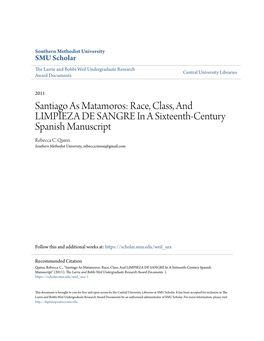 Santiago As Matamoros: Race, Class, and LIMPIEZA DE SANGRE in a Sixteenth-Century Spanish Manuscript Rebecca C