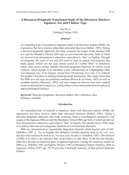 A Discourse-Pragmatic Functional Study of the Discourse Markers Japanese Ano and Chinese Nage