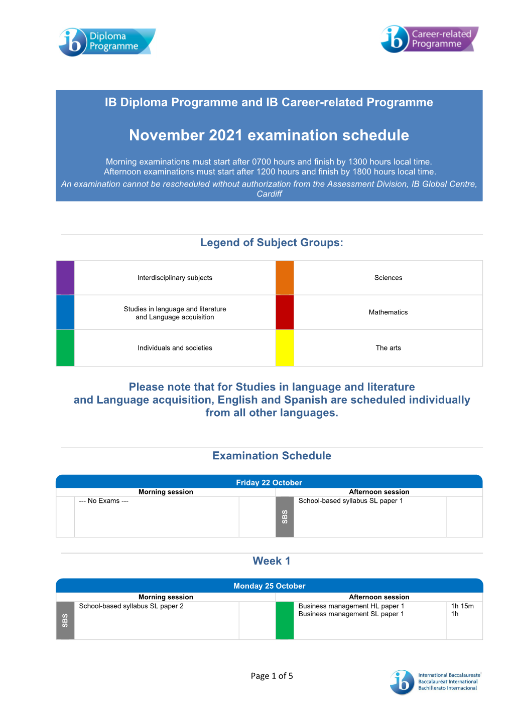 November 2021 Examination Schedule