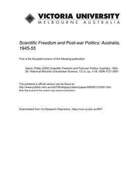 Scientific Freedom and Post-War Politics: Australia, 1945-55
