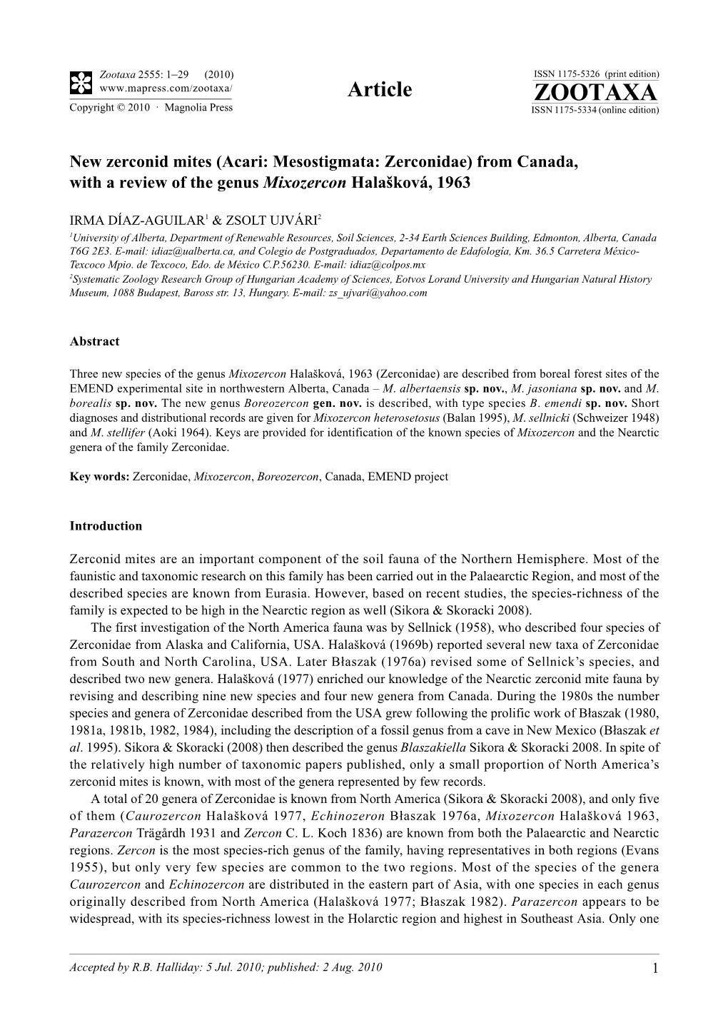 Zootaxa, New Zerconid Mites (Acari: Mesostigmata