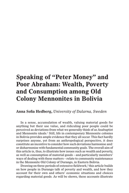 Speaking of “Peter Money” and Poor Abraham: Wealth, Poverty and Consumption Among Old Colony Mennonites in Bolivia
