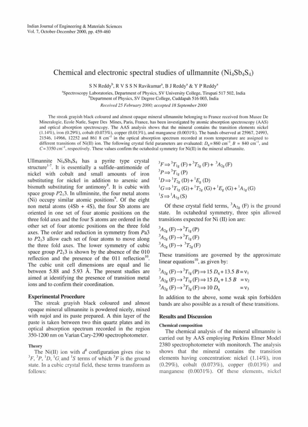 Chemical and Electronic Spectral Studies of Ullmannite (Ni4sb4s4)