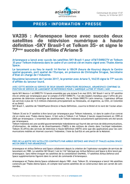 Arianespace a Lancé Avec Succès Les Satellites SKY Brasil-1 Pour AT&T