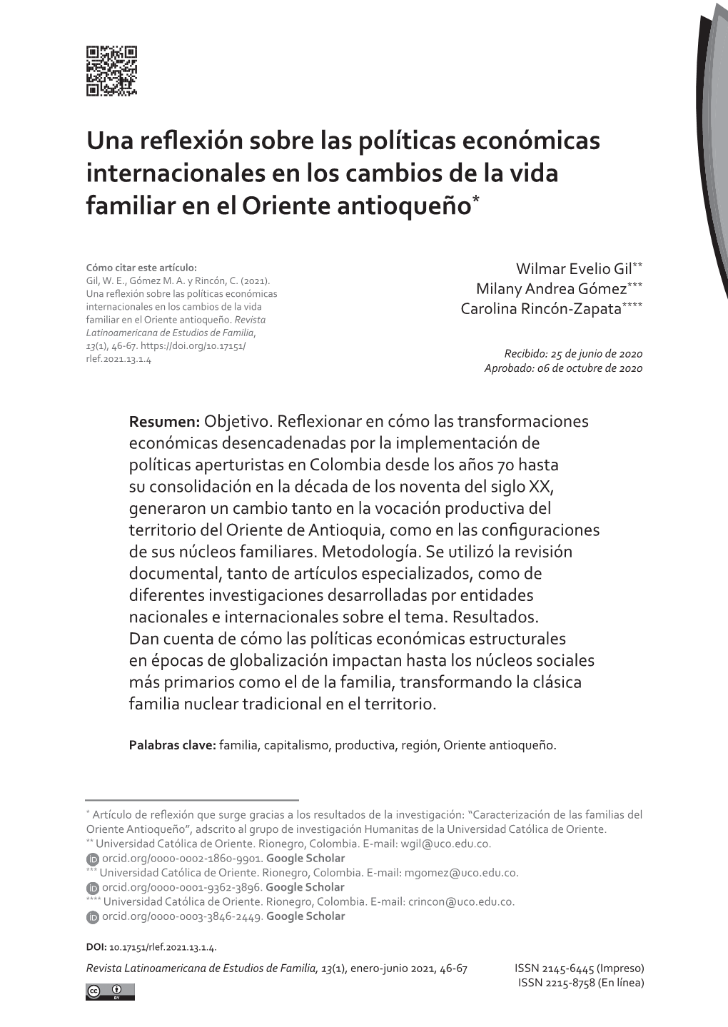 Una Reflexión Sobre Las Políticas Económicas Internacionales En Los Cambios De La Vida Familiar En El Oriente Antioqueño*