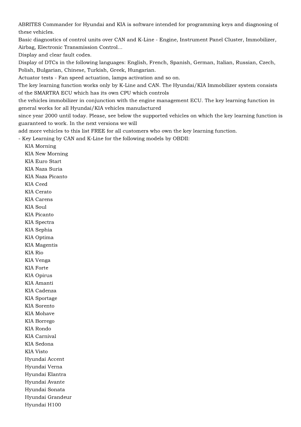 ABRITES Commander for Hyundai and KIA Is Software Intended for Programming Keys and Diagnosing of These Vehicles