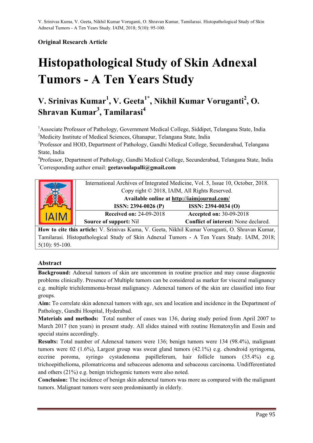 Histopathological Study of Skin Adnexal Tumors - a Ten Years Study