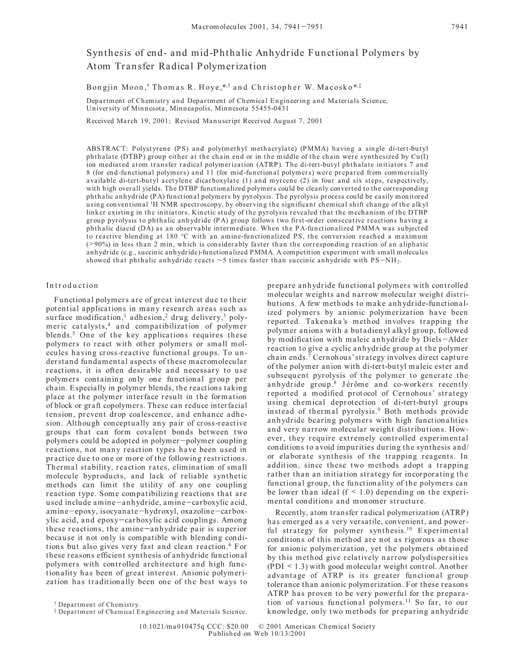 Synthesis of End- and Mid-Phthalic Anhydride Functional Polymers by ...