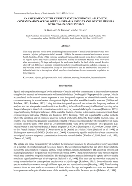 Of Bioavailable Metal Contamination Across South Australia Using Translocated Mussels Mytilus Galloprovincalis