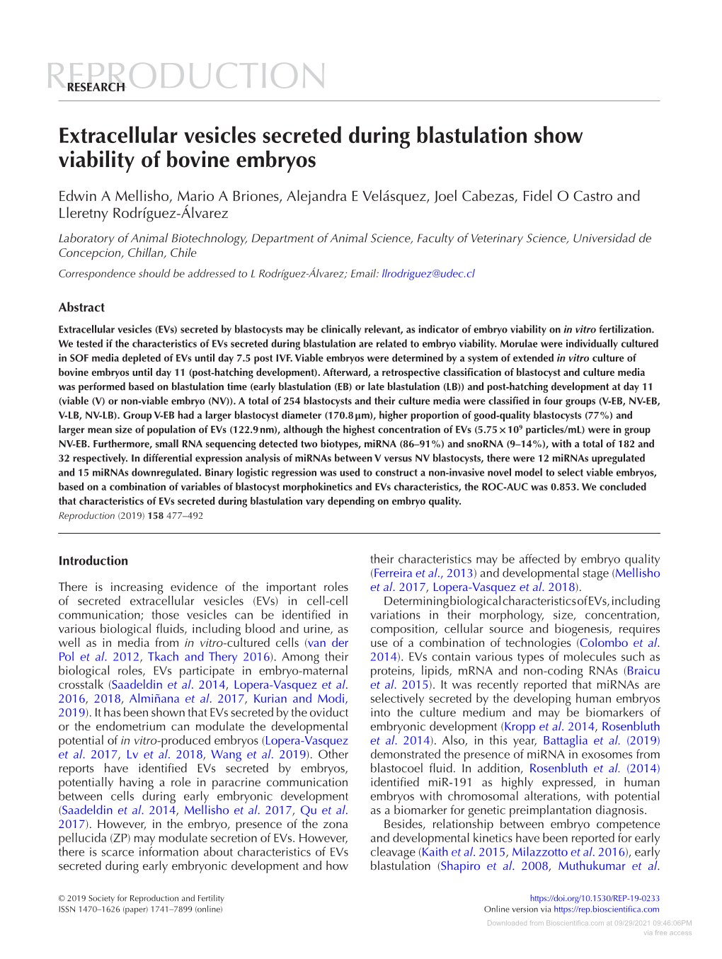 Extracellular Vesicles Secreted During Blastulation Show Viability of Bovine Embryos