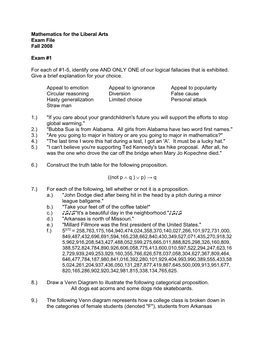 Mathematics for the Liberal Arts Exam File Fall 2008 Exam #1 for Each Of