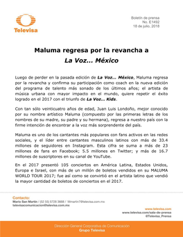 Maluma Regresa Por La Revancha a La Voz... México