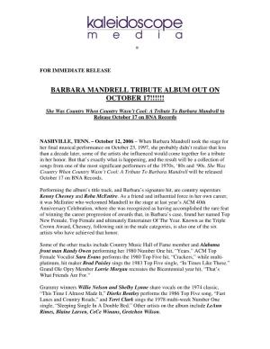Barbara Mandrell Tribute Album out on October 17!!!!!!