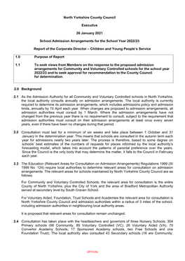 North Yorkshire County Council Executive 26 January 2021 School Admission Arrangements for the School Year 2022/23 Report Of