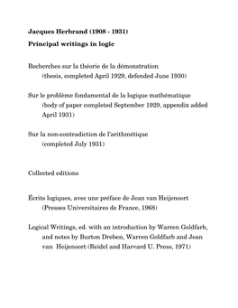 Jacques Herbrand (1908 - 1931) Principal Writings in Logic