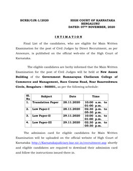 07TH NOVEMBER, 2020 INTIMATION Final List of the Candidates, W