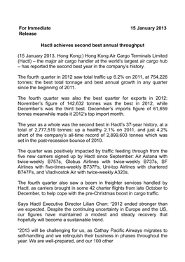 Hactl Achieves Second Best Annual Throughput