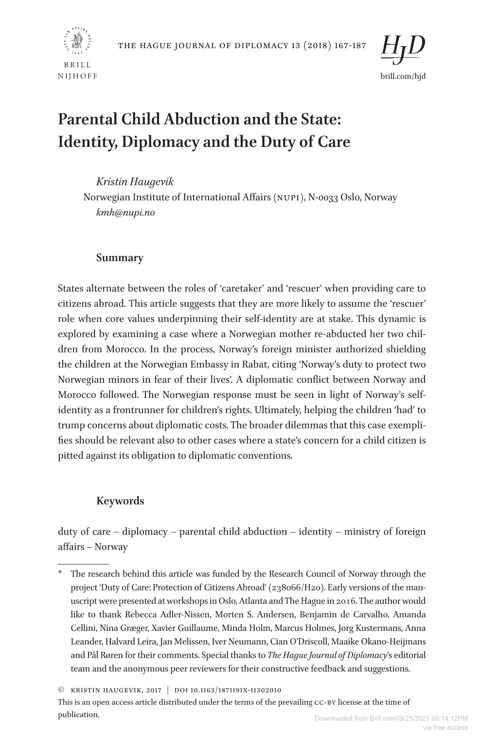 Parental Child Abduction and the State: Identity, Diplomacy and the Duty of Care